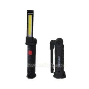Two black LED work lights with handles, one extended and one folded, featuring red buttons and branded "SpinLight.