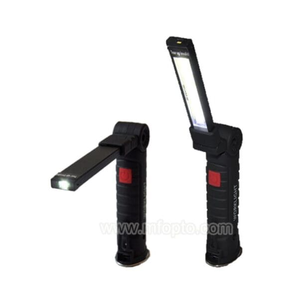 Two black handheld LED work lights with adjustable arms and red buttons: one extended horizontally, the other vertically.