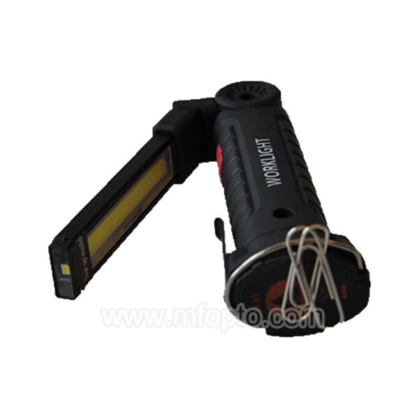 A black handheld work light with an adjustable LED strip on a foldable arm and a base clip.