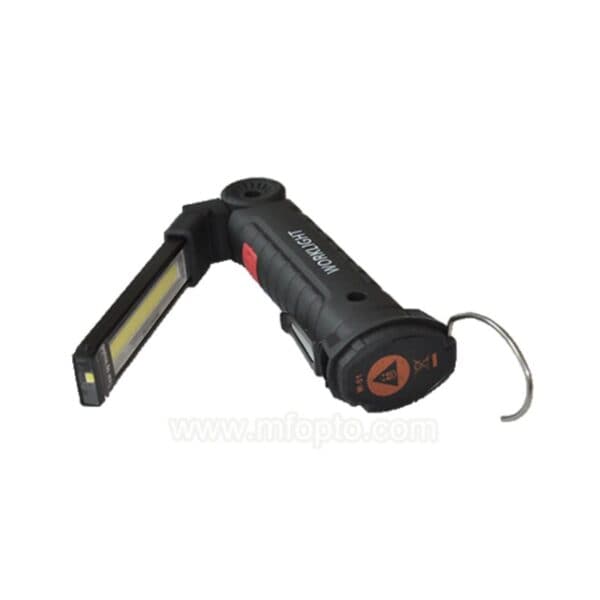 A black and red rechargeable flashlight with an adjustable LED panel and a metal hook on the handle.