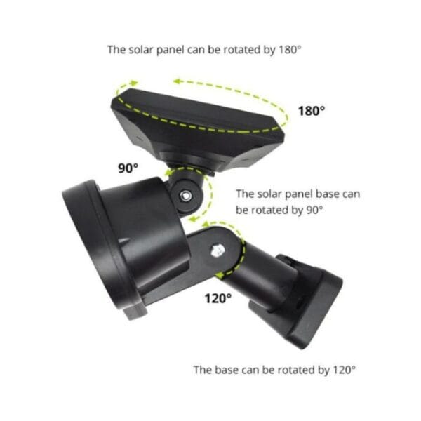 Image showing a solar panel mount with adjustable parts: the panel rotates 180°, the base 90°, and the mount base 120°.