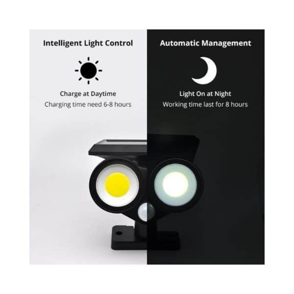 Dual-mode light charges during the day (6-8 hrs) and auto-lights at night for 8 hrs. Image: day (left) & night (right) modes.
