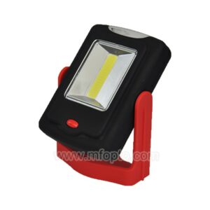 A black LED work light with a yellow strip, mounted on a red adjustable stand.