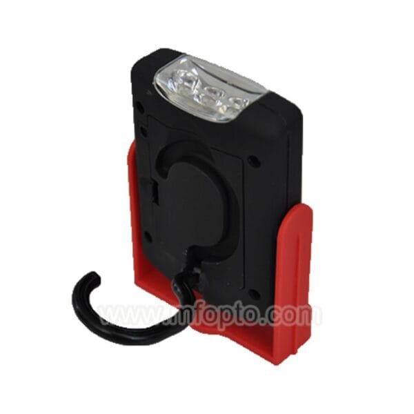 A compact black and red handheld flashlight with a built-in hook for hanging.