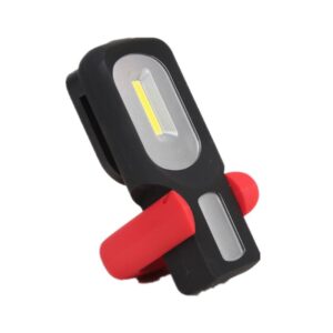 A compact black and red LED flashlight with a rectangular light panel and clip.