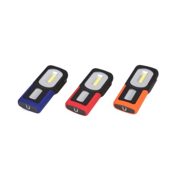 Three USB-rechargeable LED flashlights in blue, red, and orange. Rectangular shape, arranged side by side.