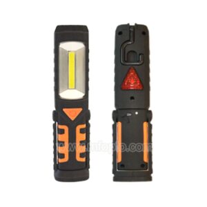 Two black and orange work lights, one showing the front LED strip, the other displaying the back with a hook and red warning light.