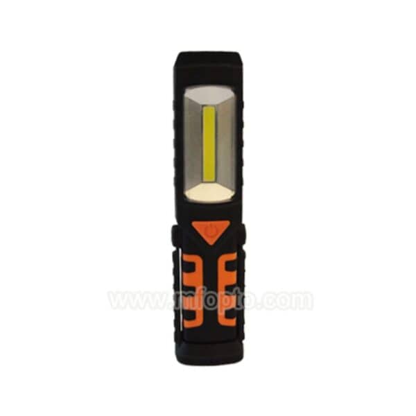 Black and orange handheld LED work light with a yellow vertical LED strip and a triangular button below.
