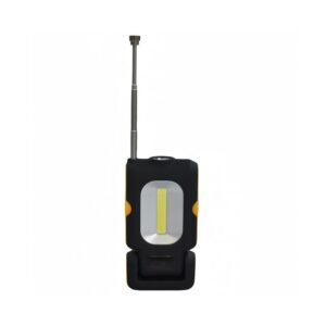 A black portable radio with an extended antenna and a yellow vertical stripe on the front.