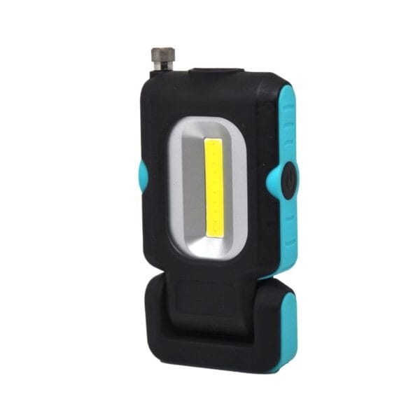 A compact black and blue LED work light with a rectangular design and a central yellow light strip.