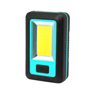 A compact rectangular LED work light with a turquoise body, black border, and yellow center light panel.