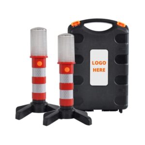 Two red and white warning lights with bases in front of a black carrying case with unlabeled logo space.