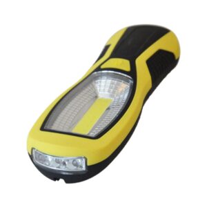 Ergonomic black and yellow LED handheld flashlight.
