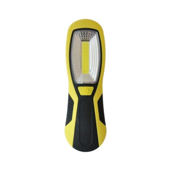 Yellow and black handheld flashlight with a rectangular light panel.