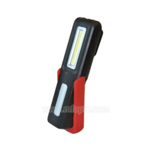 LED work light with black/red silicone cover and hands-free clip.