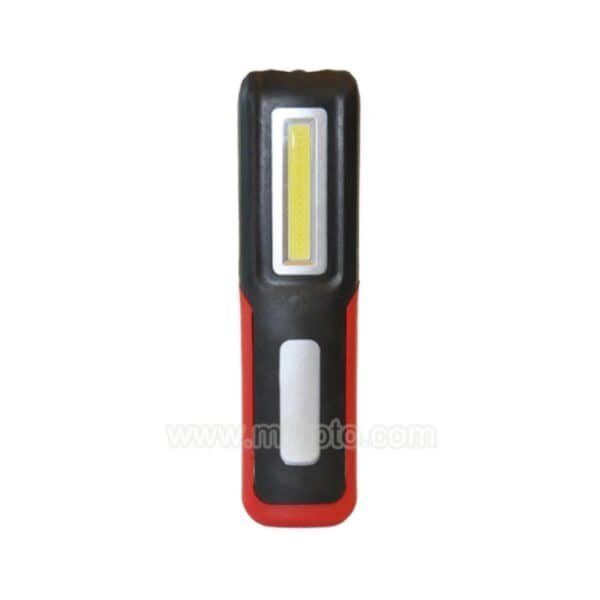 A black and red handheld LED work light with a rectangular light panel and a white button below it.