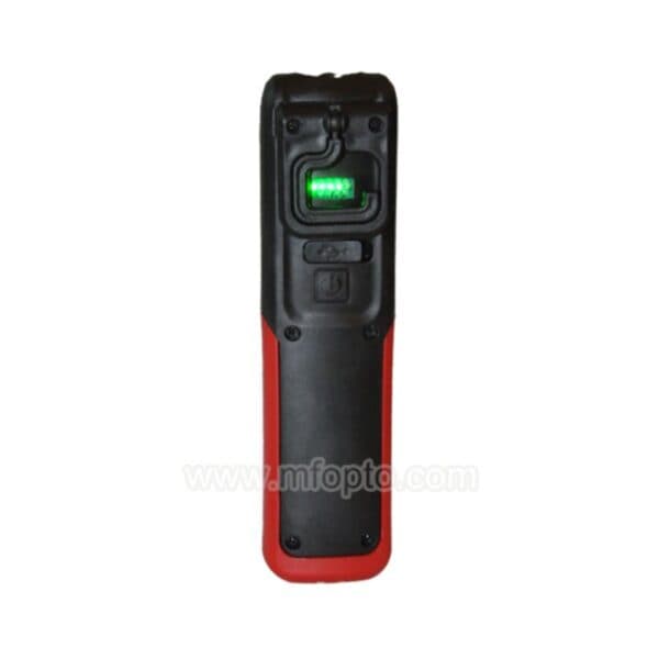A black and red handheld device with buttons, a textured grip, and a green indicator light on top.