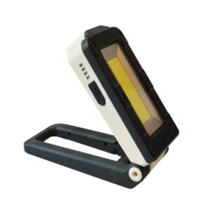 A foldable LED work light with a rectangular shape, white and black casing, and an integrated stand.