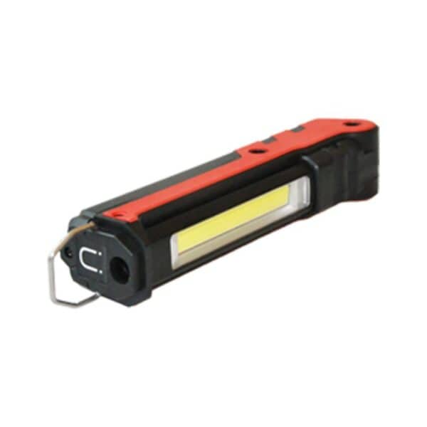 A black and red handheld flashlight with a yellow strip light and hanging hook.