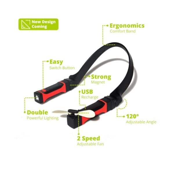 Hands-free neckband with dual fans, 120° adjustable, two speeds, ergonomic comfort band, USB rechargeable, and built-in light.