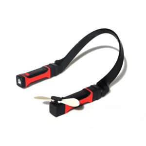 A red and black flexible USB LED neck light with dual adjustable heads and an on/off switch.