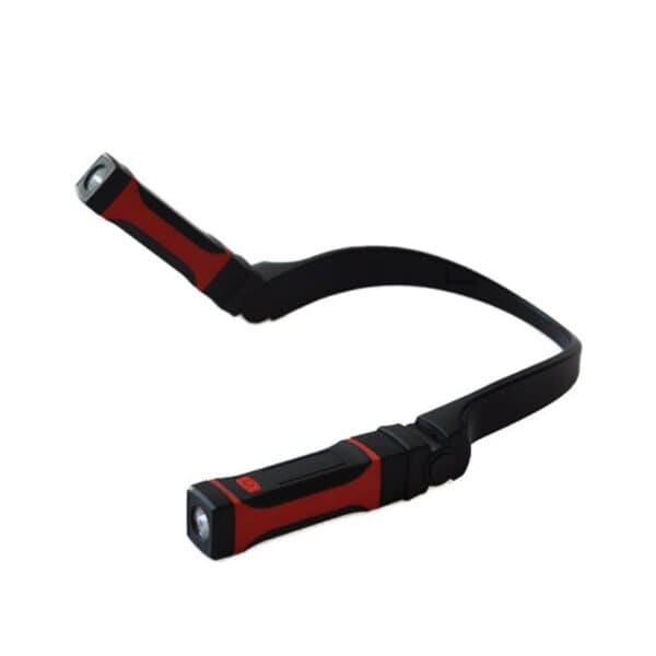 A flexible, black and red LED neck light with two adjustable lights on each end.