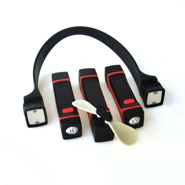 Four black and red LED devices in a row, with a black band and small white propeller in the center.
