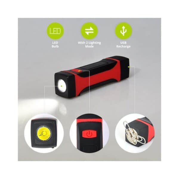 A red and black handheld LED flashlight with USB recharging, a power button, and two lighting modes. Icons indicate features.