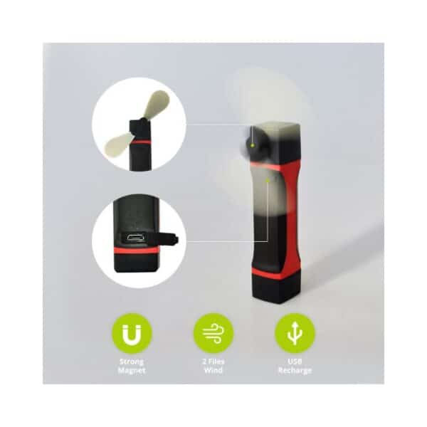 Portable fan with strong magnet, two speeds, and USB charging. Image displays various angles and its charging port.