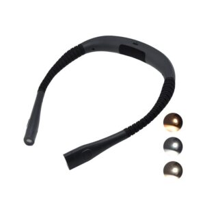 A flexible black neck reading light with three brightness settings in a sidebar.