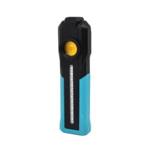 A portable handheld LED work light with a black and blue body, yellow power button, and vertical LED array.