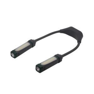 A black, flexible LED neck light with dual cylindrical ends.
