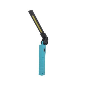 Blue handheld LED work light with adjustable black head.