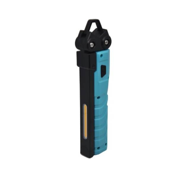 A blue and black portable flashlight with a top hook.