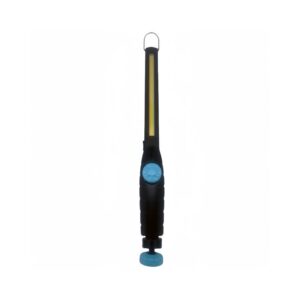 Handheld LED work light with black body, blue button, magnetic base, and hook for hanging.