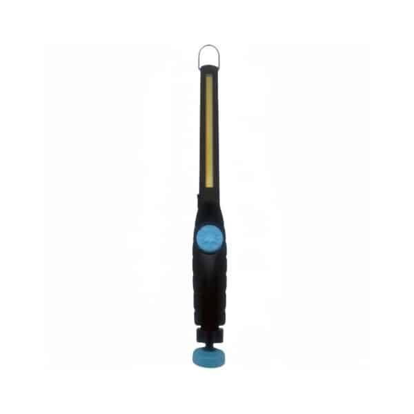 Handheld LED work light with black body, blue button, magnetic base, and hook for hanging.