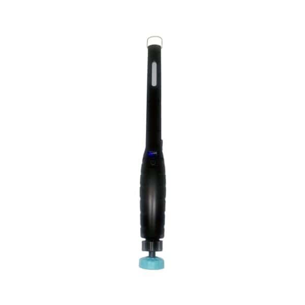 Black-handled electric toothbrush with blue brush head, standing upright against a white background.