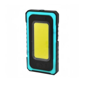 A rectangular black and turquoise portable LED light with a large yellow-lit surface in the center.