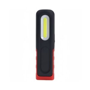 A black and red LED flashlight with a rectangular head and a broad center light strip.