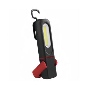 Compact black and red LED work light with hook and stand.