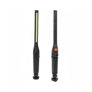 Two black LED work lights with slender bodies and adjustable mounts. One is front-facing; the other shows a red power button and control knob.