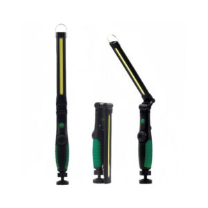 Three views of a black and green LED work light with an adjustable head in various positions.