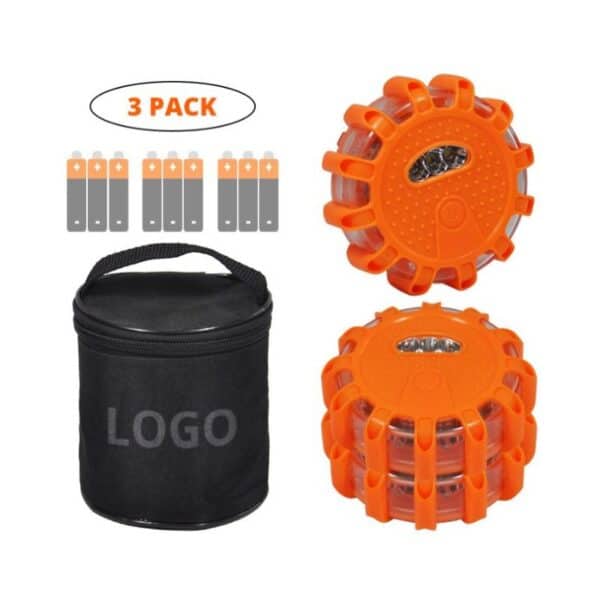 Emergency LED roadside flare kit with three orange flares, batteries, and a black storage bag labeled "LOGO".