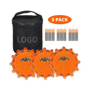 Three orange LED emergency road flares with carrying case, extra batteries, and '3 Pack' label.