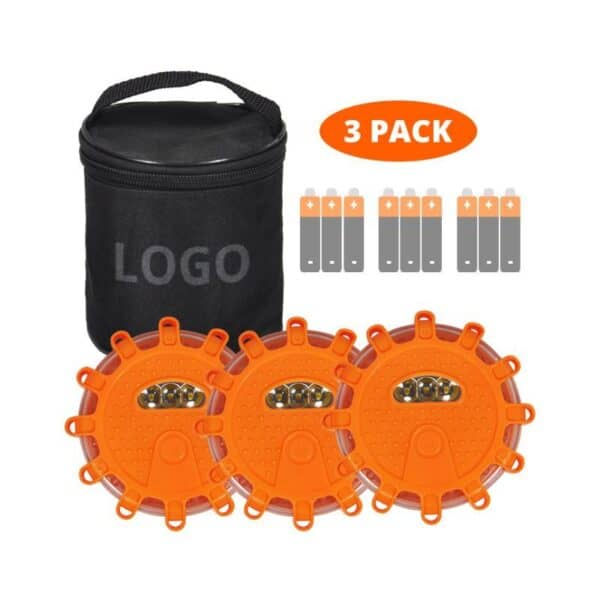 Three orange LED emergency road flares with carrying case, extra batteries, and '3 Pack' label.