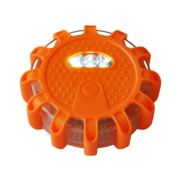 Orange LED road flare with rugged plastic casing and central power button.