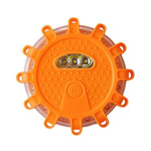 Orange round LED safety flare with multiple hooks and three central LED lights.