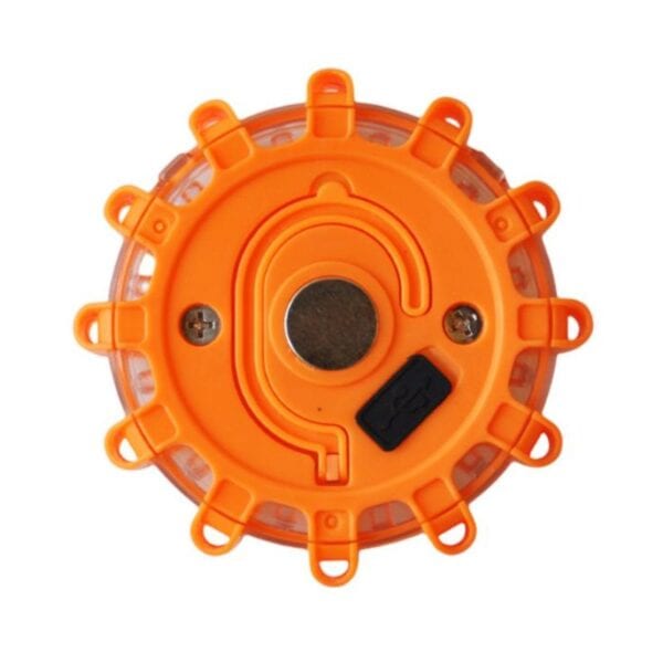 Orange circular LED road flare with hooks and a central magnet on a white background.