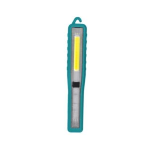Teal-rubber LED work light with hook.