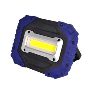 A blue and black rectangular LED work light with a central yellow LED strip.